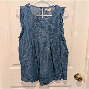 Maurices Smocked Ruffle Sleeve Boho Western Light Denim Chambray Blouse Small